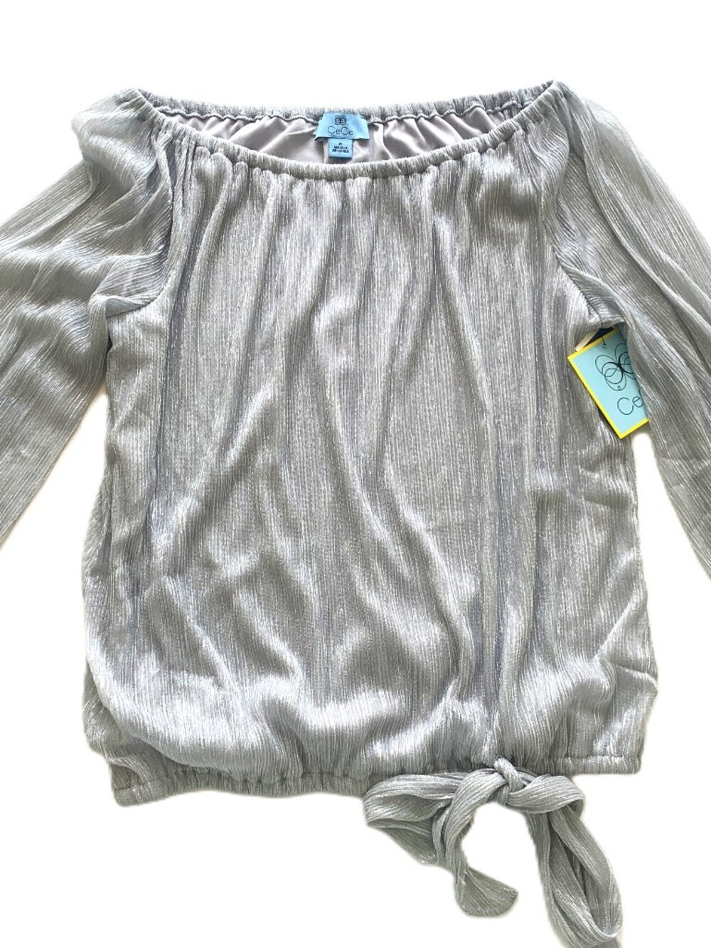 NWT CeCe Silver Metallic Glitter Off Shoulder Long Sleeve Tie Hem Blouse M New